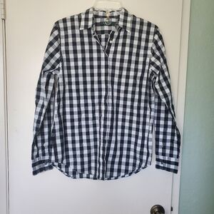 Ralph Lauren B/W Check Button Down Blouse 100% Polished Cotton Size Small Luxury